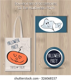 Halloween party lettering set with stylized funny sketched pumpkin, owl and ghost. stickers and poster. lettering design. festive halloween elements