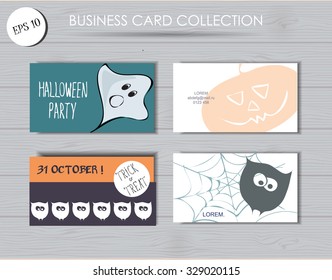 Halloween party lettering set with stylized funny sketched pumpkin, owl and ghost. cards, stickers and poster. lettering design. festive halloween elements. festive template collection