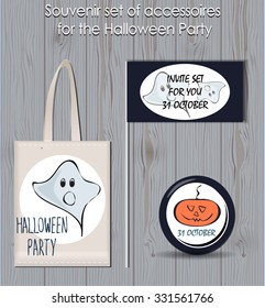 Halloween party lettering set with stylized funny sketched pumpkin and ghost. stickers and poster. lettering design. festive halloween elements. party items