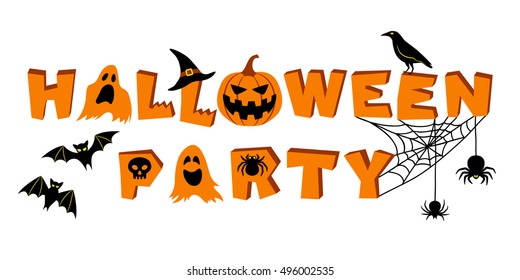 Halloween party lettering. Text and vector elements: bats, crow, pumpkin, jack o'lantern, ghosts, spider, skull, cobweb and witch's hat. Vector illustration, isolated on white background
