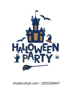 Halloween Party lettering with traditional halloween design elements, castle, bat, witch hat. Holiday calligraphy for banner, poster, greeting card, party invitation. Vector illustration