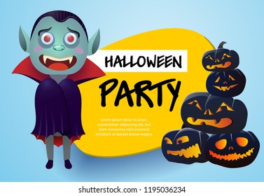 Halloween party light blue poster. Lettering with cartoon characters of vampire and black pumpkins on light blue background. Can be used for invitations, and posters. 