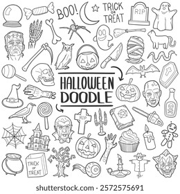 Halloween Party Line Art Doodle Icons Sketch Hand Made Design Vector.