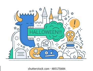 Halloween party line flat design card with holidays symbols - monsters, pumpkins