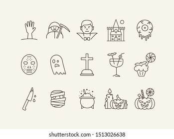 Halloween party line icons. Pot with poison, ghost, creepy cocktail. Halloween concept. Vector illustration can be used for topics like holiday, festivals, celebration