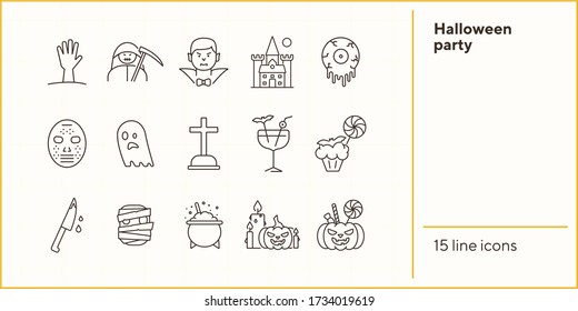 Halloween party line icons. Pot with poison, ghost, creepy cocktail. Halloween concept. Vector illustration can be used for topics like holiday, festivals, celebration