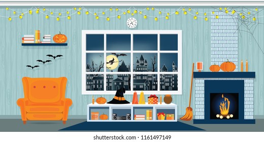 Halloween party in living room with armchair, table, clock and fireplace, modern classic style vector illustration.