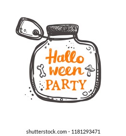 Halloween party. Logo, icon and label for your design. Lettering. Celebration motivational slogan. Hand drawn vector illustration. Can be used for bag, sticker, t-shirt, badge, card, poster, banner.