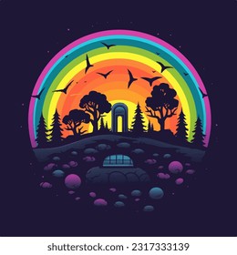 A halloween party logo with a rainbow in the background