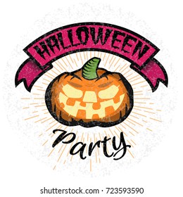 Halloween party logo with smiling pumpkin. Vector illustration.