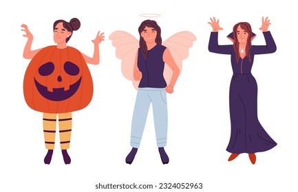 Personajes de máscaras de la fiesta de Halloween. Calabaza, bruja y ángel, mujeres jóvenes con disfraces de carnaval e ilustraciones vectoriales planas. Personajes divertidos de la farsa