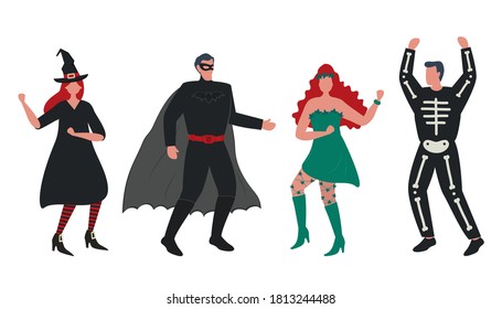 Halloween party. Masquerade. People in Halloween costumes are dancing and having fun. Vector illustration