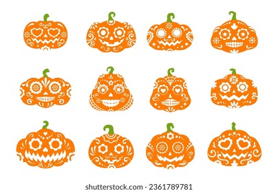 Halloween party mexican pumpkin spooky characters with calavera sugar skull pattern. Dia de Los Muertos holiday. Halloween pumpkin lantern carvings or vector Jack o lanterns, Day of the Dead skulls