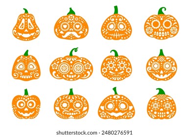 Halloween party Mexican pumpkin spooky characters. Dia de los muertos gourds with sugar skull pattern. Vector funny and spooky calaca faces, symbol of celebration rich culture and folklore of Mexico