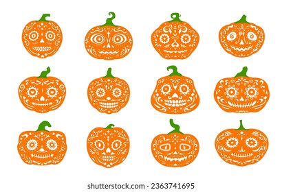 Halloween party mexican pumpkins. Dia de Los Muertos characters with calavera sugar skull pattern. Halloween holiday pumpkin carving, funny pumpkin Jack o lantern or Day of the Dead vector sugar skull