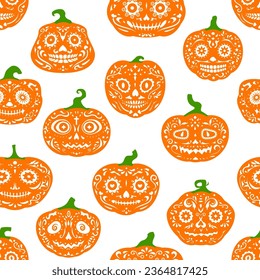 Fiesta de Halloween calabazas mexicanas patrón sin fisuras, fondo vectorial de noche de vacaciones. Calabazas espeluznantes de Halloween con el patrón de cráneo de calavera mexicano adornado con el patrón de Dia de Los Muertos