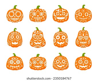 Halloween party mexican pumpkins. Vector dia de los muertos holiday characters with sugar skull pattern. Funny and spooky calaca gourd faces, symbol of celebration culture and folklore of Mexico