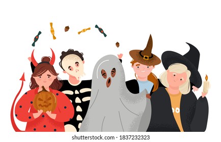 Fiesta de Halloween. Niños modernos con disfraces de halloween. Niños disfrazados de fantasmas, demonios, esqueletos y brujas. Truco o trato. Feliz Halloween. Ilustración vectorial plana al estilo de las caricaturas.