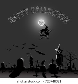 Halloween party  monochrome characters and elements on a gray background with inscription