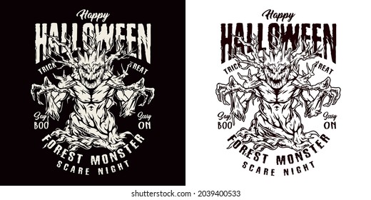 Halloween party monochrome vintage badge with spooky dry forest monster and letterings isolated vector illustration