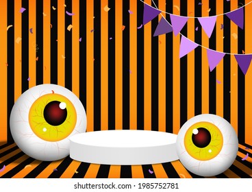 Halloween party. Monster eyeballs decorated with white pedestal scene for Product, Advertising, Show, and decorated with fancy flags on orange and black line striped background. Vector illustration.