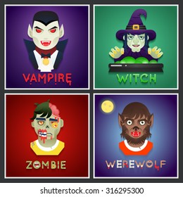 Halloween Party Monster Role Character Bust Icons Set Stylish Background Flat Design Greeting Card Vector Illustration