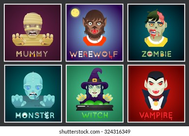 Halloween Party Monster Role Character Bust Icons Set Stylish Background Flat Design Greeting Card Template Vector Illustration