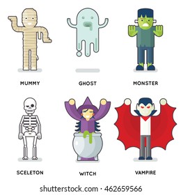 Halloween Party Monster Roles Characters Set Isolated Flat Design Vector Illustration