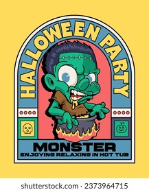 Halloween Party with Monster. Spooky Horror Cartoon On Art Deco Illustration Style.