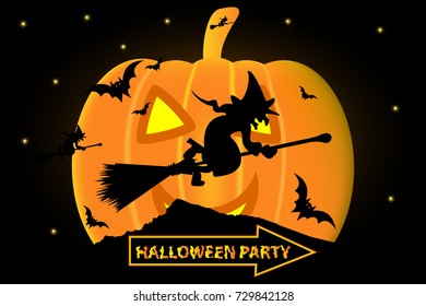 Halloween party, Month as a pumpkin, Witch on a broomstick,