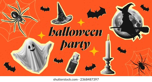 halloween party mood set concept template design with witch pumpkin spider potion ghost candle retro grunge halftone dotted texture magazine style collage elements