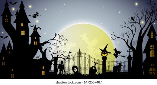 Halloween party with Moon and night sky background.