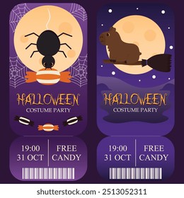 Halloween party and Halloween movie event ticket template design. with spider characters stealing candy and capybaras riding witches' brooms.