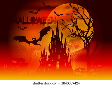 Halloween party, Mystic vector illustration, dark orange background on a spooky full moon with silhouettes of characters and scary bats with gothic haunted castle, horror theme concept