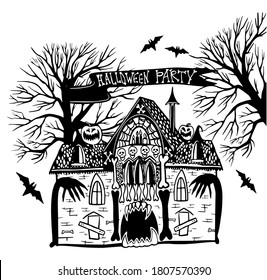 Halloween party. Mystical house. House with the ghosts, Dark mysterious obscure gloomy terrible witch castle with spooky for Halloween design vector illustration. 