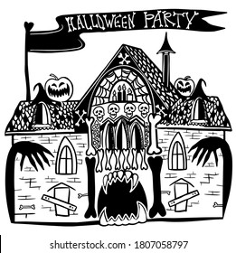 Halloween party. Mystical house. House with the ghostsDark mysterious obscure gloomy terrible witch castle with spooky for Halloween design vector illustration.