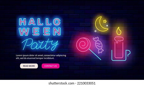 Halloween party neon flyer template. Light advertising. Website landing page. Candy, moon and candle. Season dance event. October night club greeting card. Shiny banner. Vector stock illustration