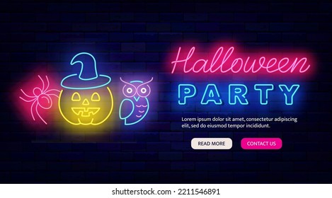 Halloween party neon flyer. Website landing page template. Light advertising. Pumpkin, spider and owl. Season dance event. October night club greeting card. Vector stock illustration