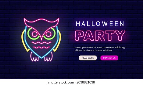 Halloween party neon greeting card. Colorful neon owl icon. Night bright signboard. Outer glowing effect banner. Editable stroke. Isolated vector stock illustration