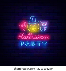 Halloween party neon label. Light advertising. Pumpkin, spider and owl. Season dance event. October night club greeting card. Vector stock illustration