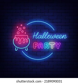 Halloween party neon label on brick wall. Potion cauldron. Scary holiday emblem. October greeting card design. Season october event. Shiny signboard. Vector stock illustration
