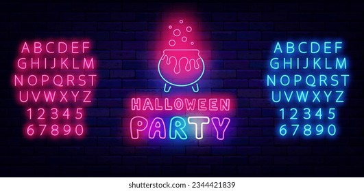 Halloween party neon label. Witch cauldron of poison. Holiday celebration design. Luminous typography. Scary event. Shiny blue and pink alphabet. October advertising. Vector stock illustration