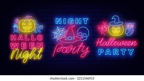 Halloween party neon labels collection. Night club signboards set. Light greeting cards pack. Season october event. Shiny emblems on brick wall. Vector stock illustration