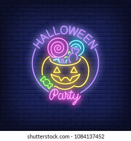 Halloween party neon sign. Carved pumpkin full of candies in circle. Night bright advertisement. Vector illustration in neon style for treat and tradition