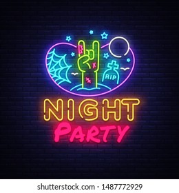 Halloween Party neon sign design template. Night Party neon poster, light banner design element colorful modern design trend, night bright advertising, bright sign. Vector illustration