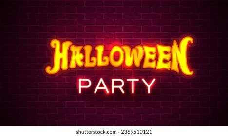 Halloween party neon sign ob brick wall background. Retro style. Vector illustration