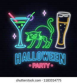 Halloween party neon sign. Vector illustration. Happy Halloween light banner with Beer, cocktail and cat. Night bright advertisement. Neon sign for banner, billboard, promotion or advertisement.
