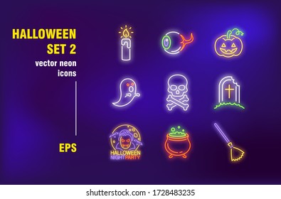 Halloween party neon signs set. Candle, cemetery, ghost, witch cauldron, pot, broom. Night bright advertising. Vector illustration in neon style for festive party invitations, banners, posters design