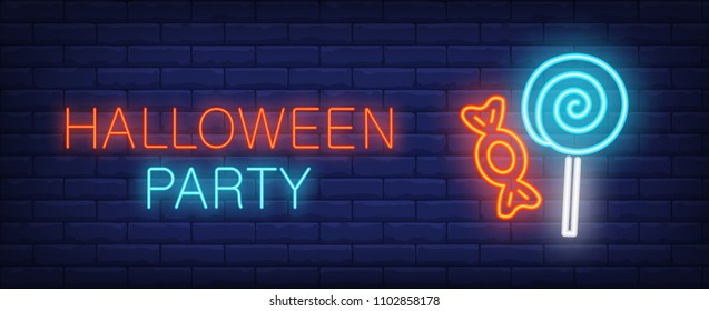 Halloween party neon style banner with treat on brick background. Bright neon candy and lollipop. Holiday, party, shop. Can be used for advertising, street wall sign, invitation