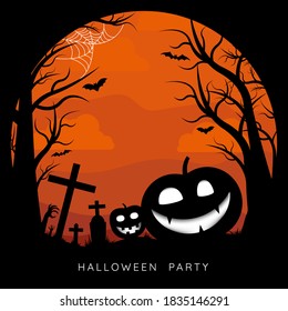 Halloween party. Halloween night background with full Moon, pumpkins and spiders, illustration.